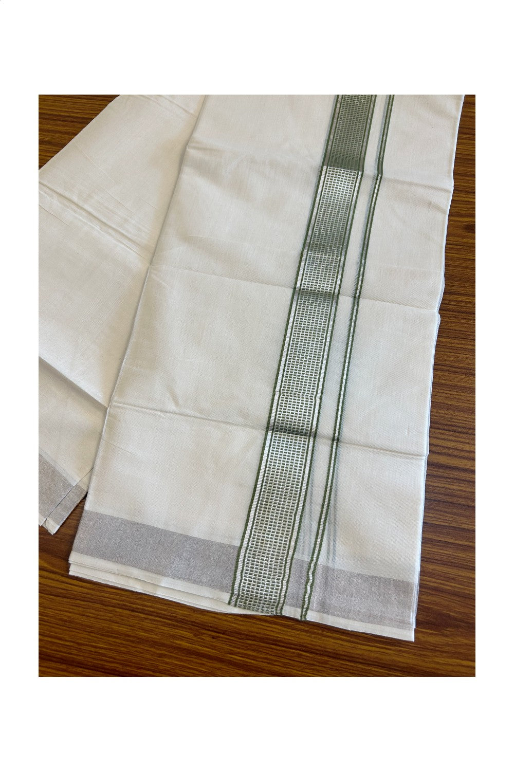 KaithariKada Balaramapuram 100% Cotton Double Off white Mundu/Dhoti-100X100- 2 inch SILVER  KASAVU & Light Green Kara - 3KK5001GAN