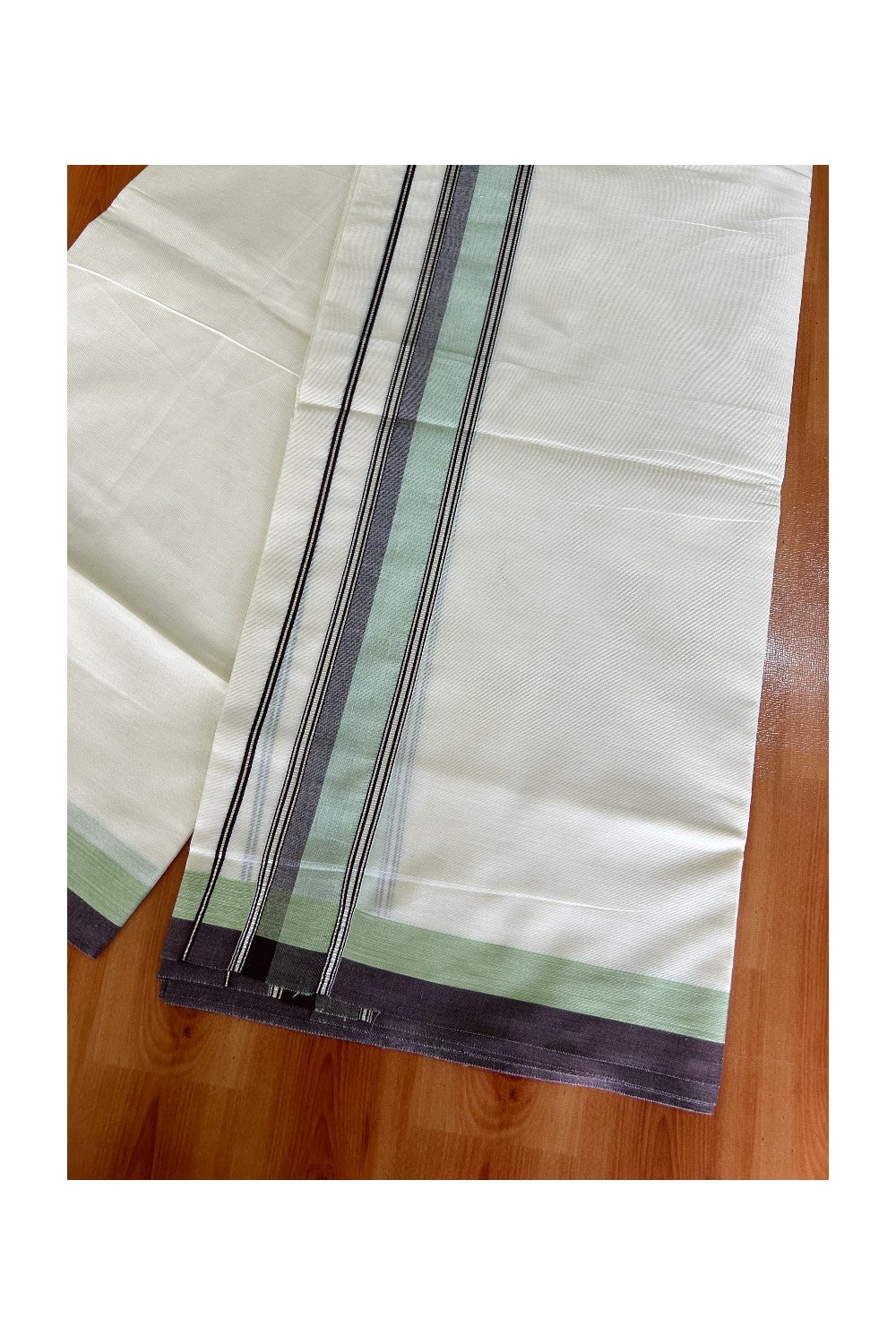 KaithariKada Balaramapuram 100% Cotton off white - (Unbleached) Double Mundu/Dhoti - 100X100 Brown Green & Silver Striped kara - 3KK5003PMC