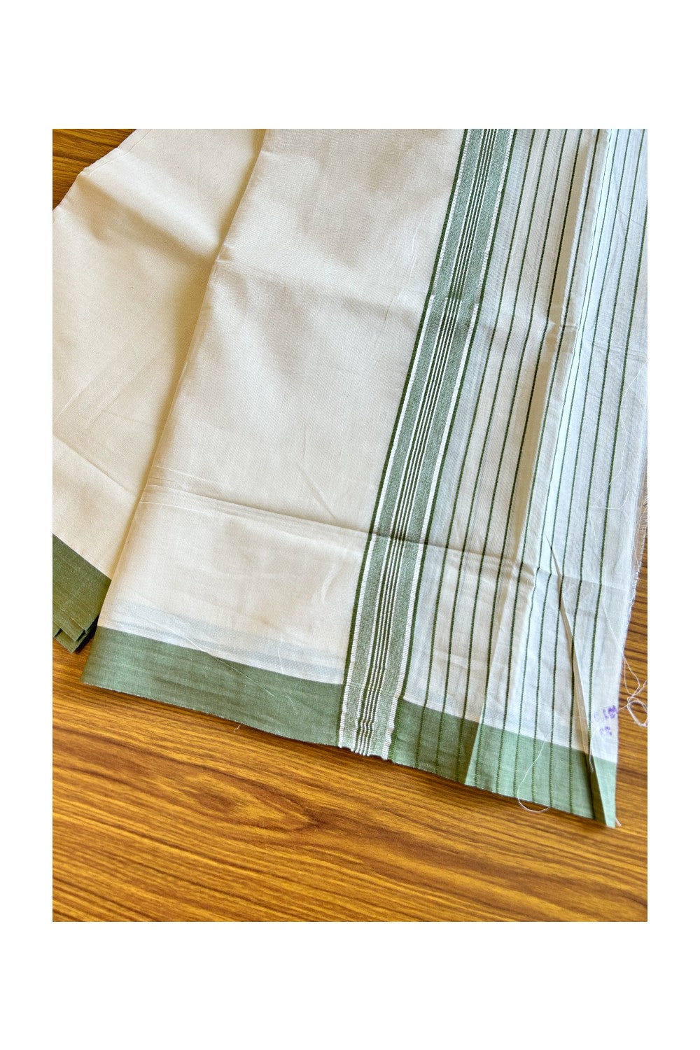 28% Discount !! KaithariKada Balaramapuram Double Off white Mundu/Dhoti- 80x90- 7 inch Sage Green & Silver Striped kara 3.92m- 3KK5006PMC