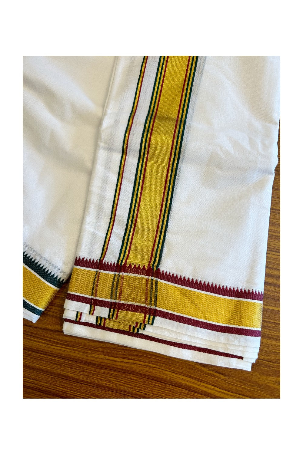 15% DISCOUNT! KaithariKada  Cotton Mix  PURE White - 80X80 thread - 80% Cotton & 20% Polyester - NORTH INDIAN - ATTACHED GAMCHA - 10x6 Dhoti- 80x60 - Gold Kasavu Green & Red Stripes kara with Green Red Kasavu Border - 3KK5008PMC