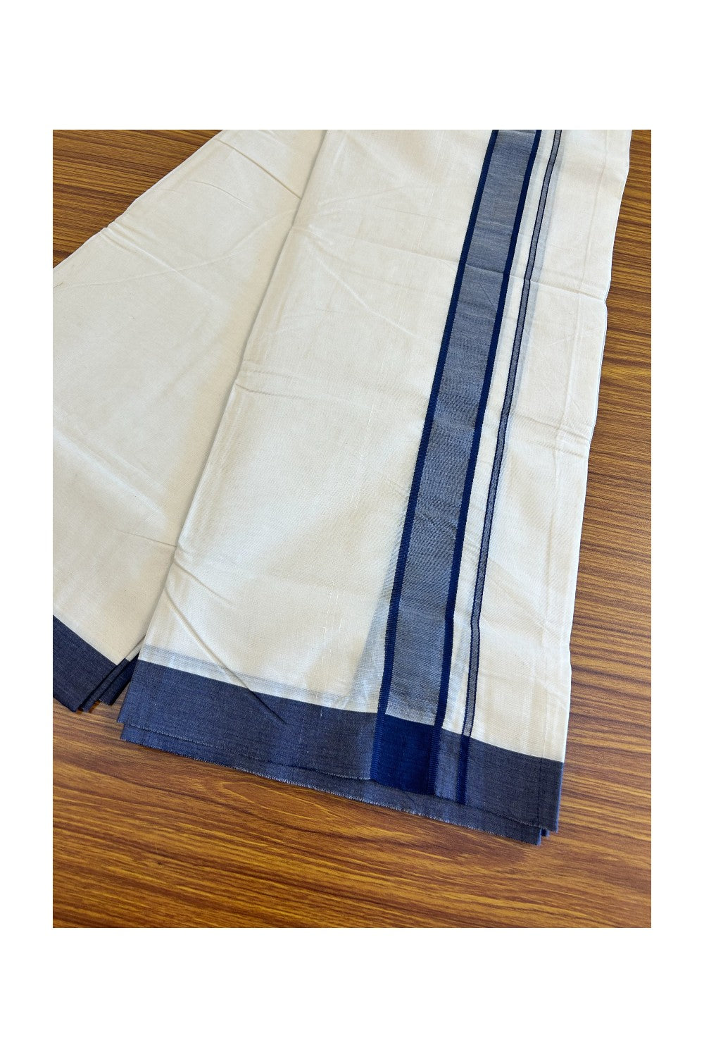 10% Discount KaithariKada Balaramapuram 100% Cotton Double Off white Mundu/Dhoti-100x100 2  inch Navy blue Kara - 3KK500KK