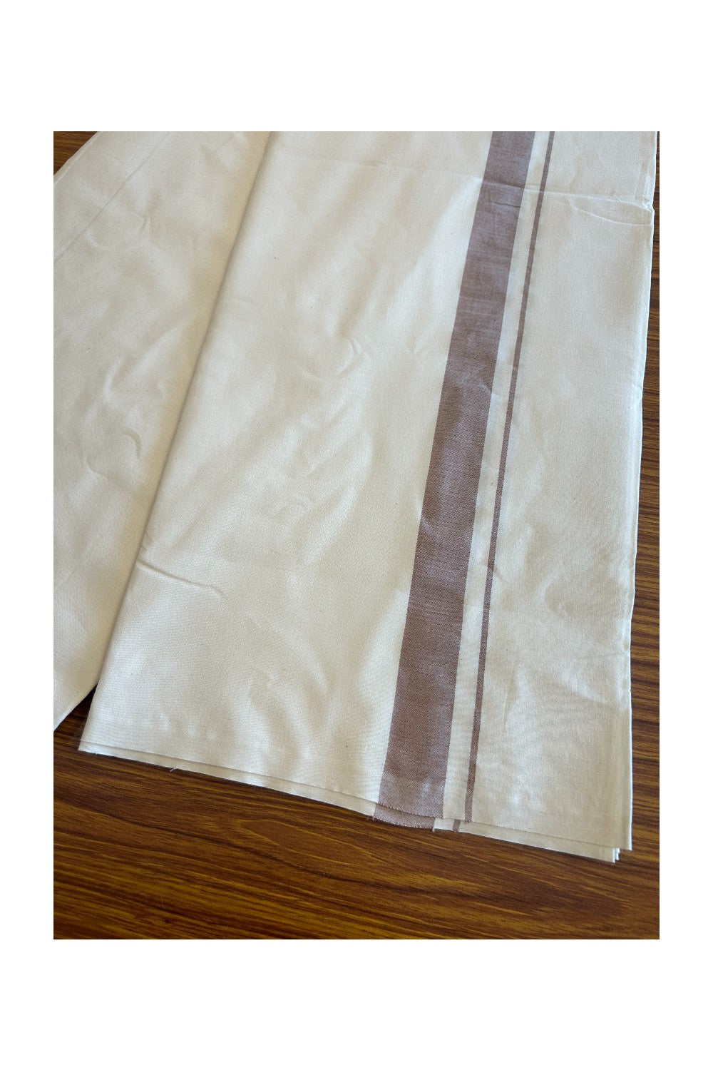 14% DISCOUNT ! KaithariKada Balaramapuram 100% COTTON SINGLE OFF WHITE - (Unbleached) Mundu/Dhoti-Twisted 100s Thread- 1.5 inch Light Brown Kara  (2 metre / 4 muzham)- 3KK5012ASH