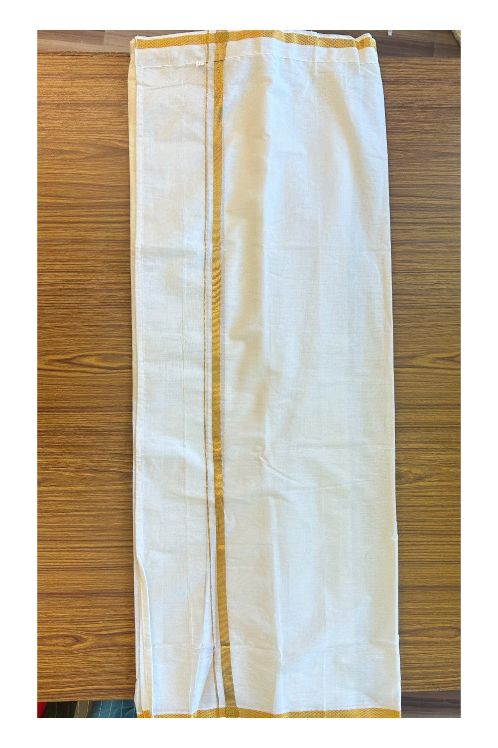 KaithariKada Balaramapuram 100% Pure Cotton SINGLE Off white VELCRO Mundu/Dhoti  - 1.5inch Gold Kasavu kara - 3KK5016KK