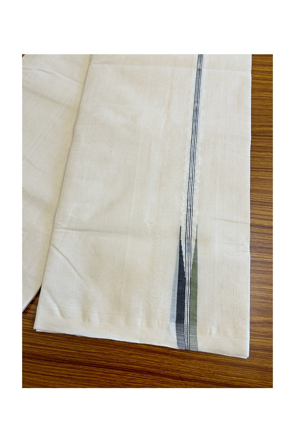 15% DISCOUNT!! KaithariKada HANDLOOM millpaav Balaramapuram - 100% PURE Cotton OFF White Double Mundu/Dothi - Green Black & Silver Striped puliyilakkara chutty- 3KK5020RAM