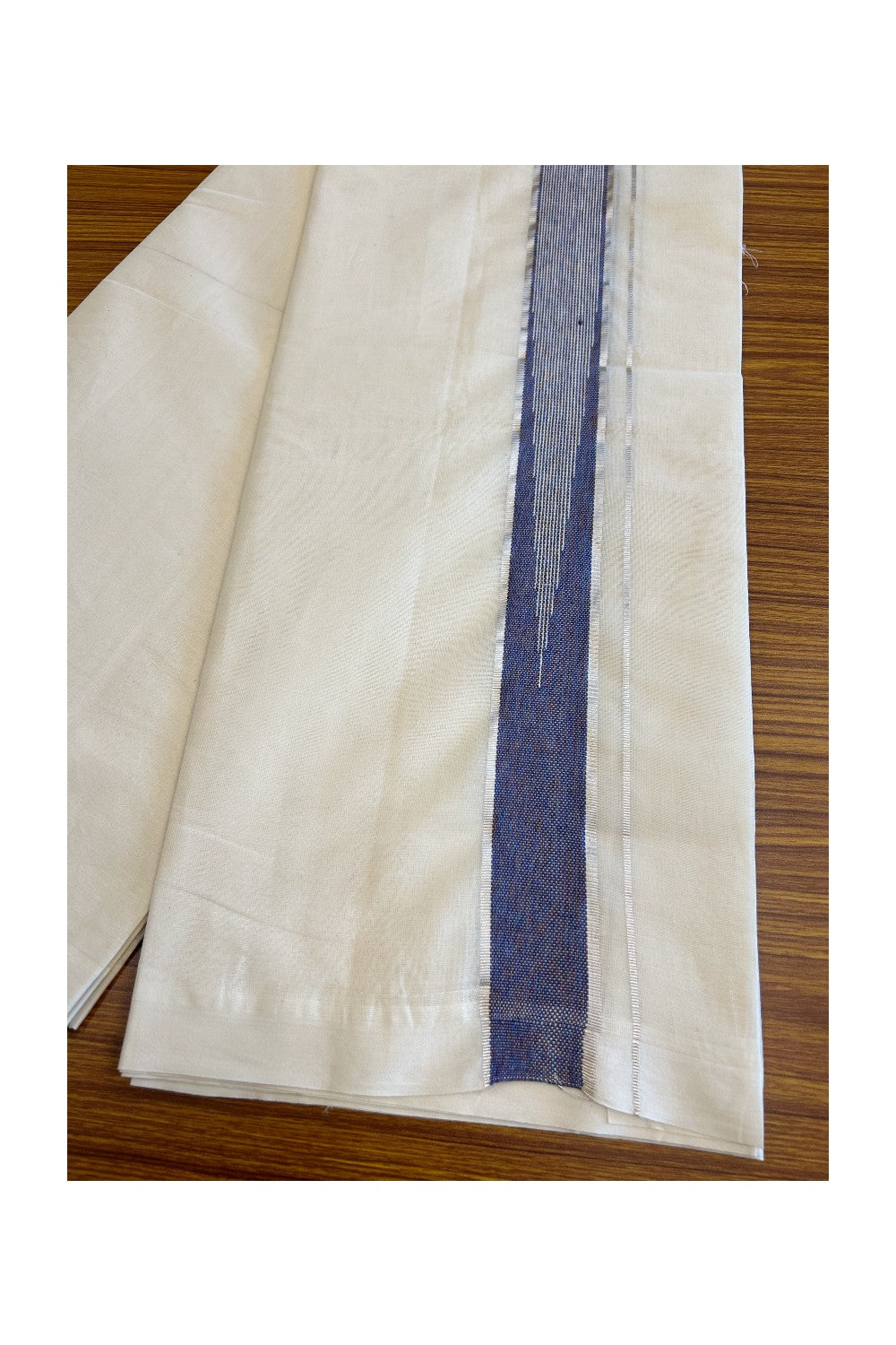 5% Discount!!! KaithariKada Balaramapuram  Double Off white - (Unbleached) Mundu/Dhoti - 80X90 - 2.5 inch Silver kasavu Violet Indigo heavy chutty - 3KK5037KAI