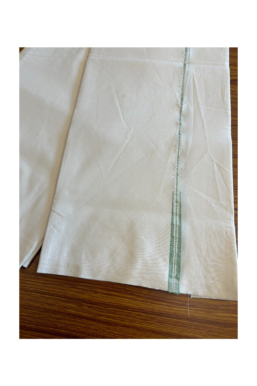 KaithariKada Balaramapuram 100% Cotton Single Off white - (Unbleached) Mundu/Dhoti-100x100 1.cm Muthukuri Silver Kasavu &  Light Green Puliyilakkara Chutty Kara - 3KK5039ASH