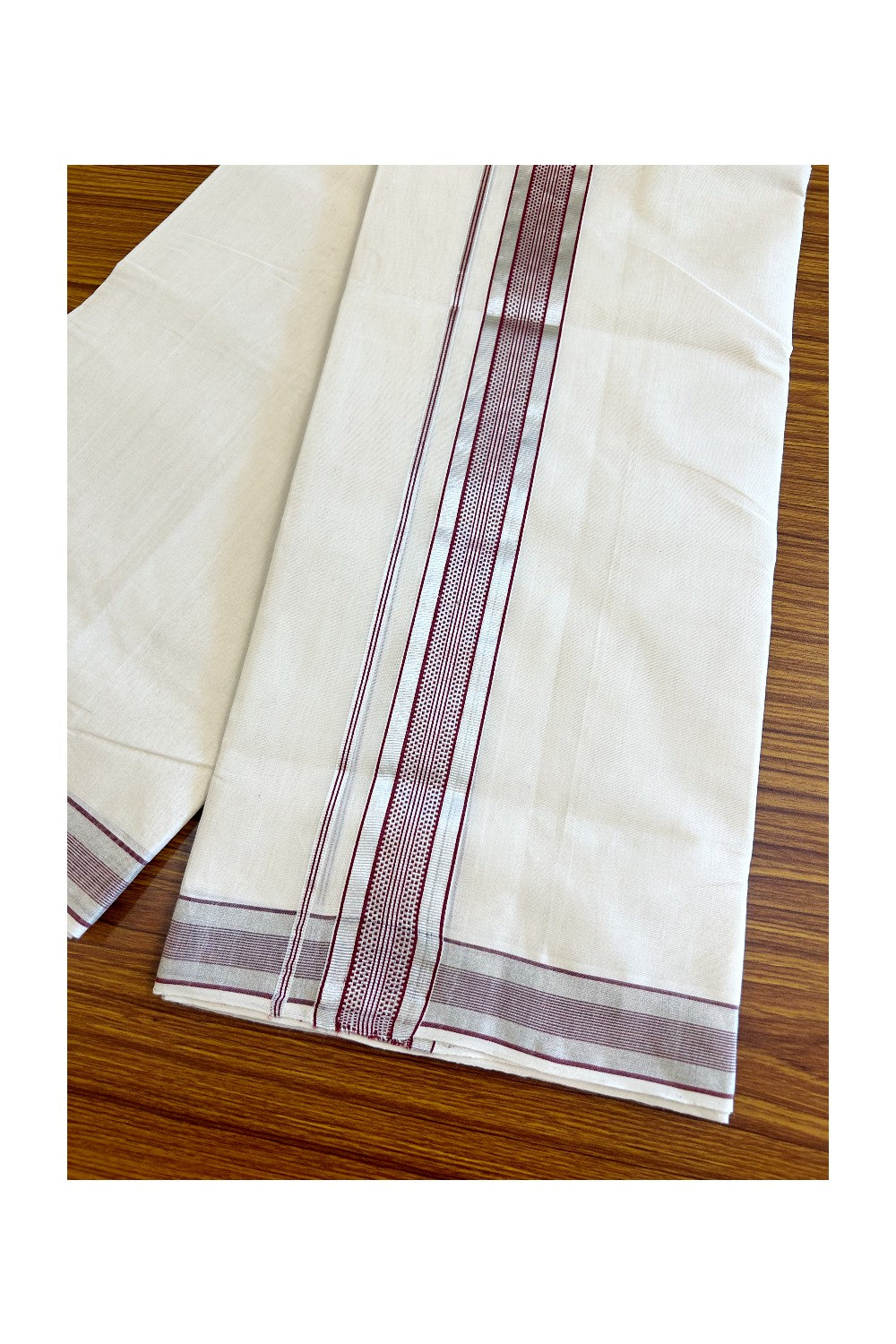 21% DISCOUNT!! KaithariKada HANDLOOM Millpaav Balaramapuram - 100% PURE Cotton OFF White Double Mundu/Dothi - 2.5 inch MAROON & Silver stripes kara - 3KK503RAM