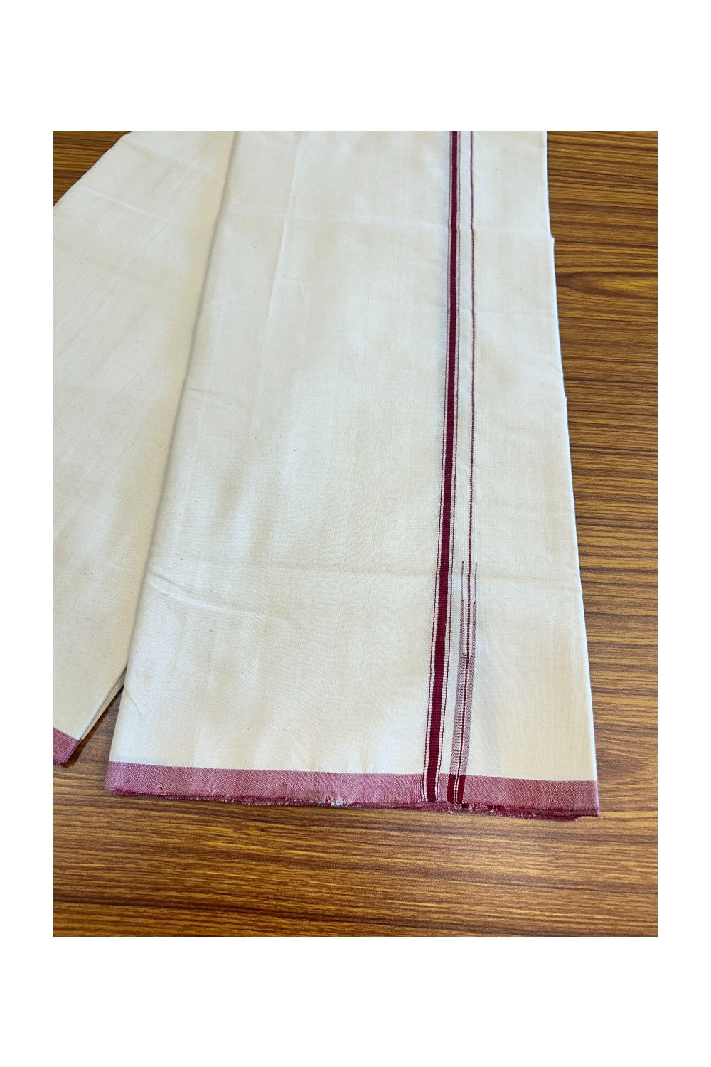 SIGNATURE KAITHARIKADA EXCLUSIVE SINGLE DHOTI - 100% Cotton Balaramapuram HANDLOOM Single Mundu/Dhoti - Off White - (Unbleached) 1 cm Maroon & Silver Striped KASAVU Chutty Kara - 3KK5040KAI