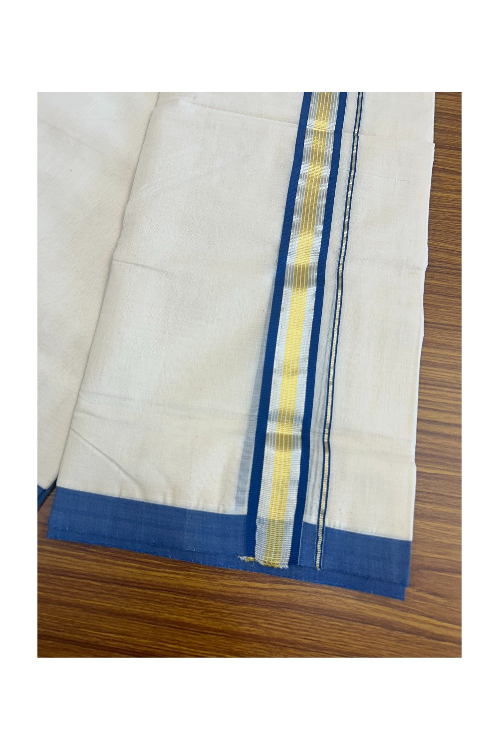 15% DISCOUNT! KaithariKada HANDLOOM Millpaav Balaramapuram - 100% PURE Cotton Off White (Unbleached) - 100x100 Double Mundu/Dhoti - 2.25 inch  Gold & Silver Kasavu Blue Stripes Kara-85