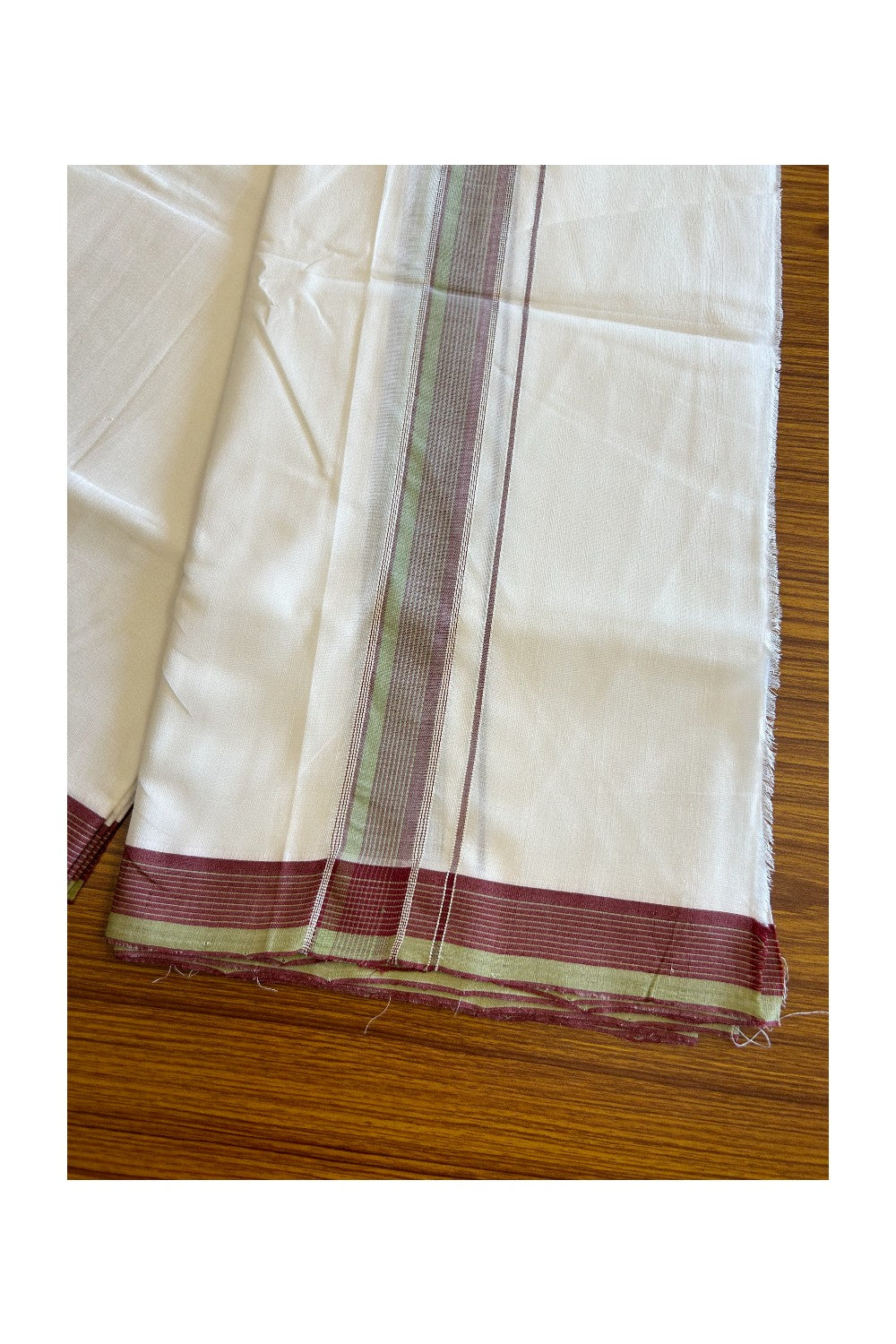 19% Disocunt! NEW PURE WHITE HANDLOOM UNAKKUPAAV Balaramapuram - 100% Cotton Double Pure White - Mundu/Dhoti - 100x100 2.25 inch Pista Green & Maroon Silver Kasavu Striped Kara 3.87 mtrs - 3KK5047REA