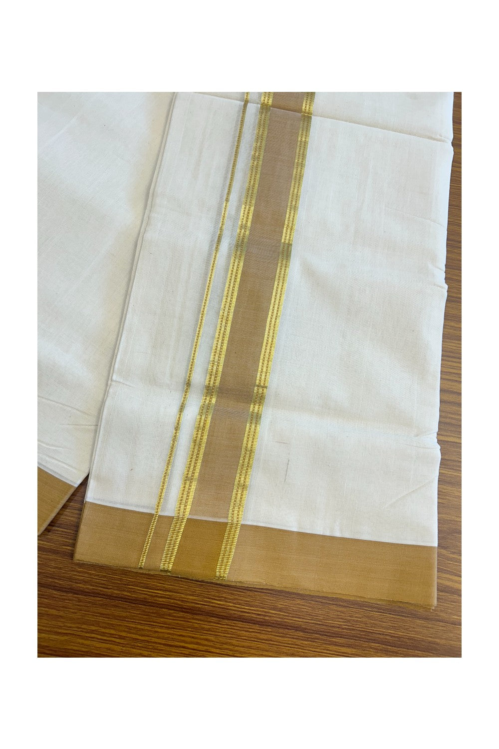 21% Discount KaithariKada HANDLOOM Unakkupaav Balaramapuram - 100% PURE Cotton Off White - 100x100 Double Mundu/Dhoti -  2.25 inch Kasavu Light Brown Kara- 223