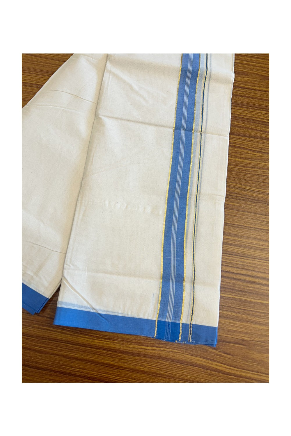 2% Discount KaithariKada Balaramapuram 100% Cotton Double Off white - (Unbleached) - Mundu/Dhoti - 100x100 - 2.5 inch Kasavu & Electric Blue Kara - 119