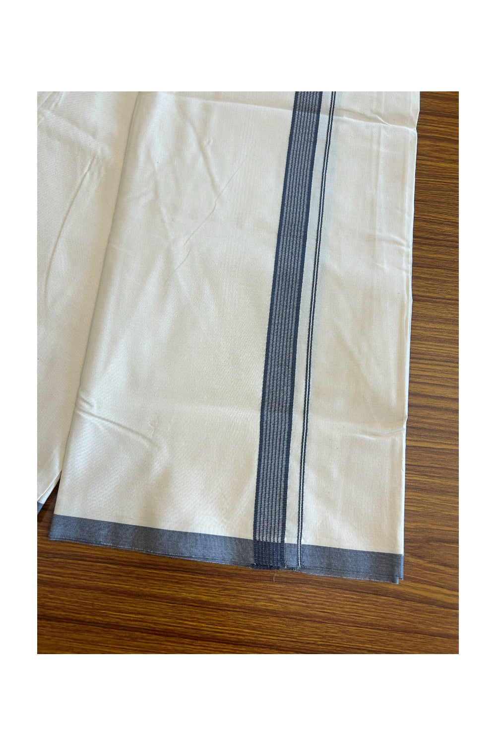 19% DISCOUNT ! KaithariKada Balaramapuram 100% COTTON SINGLE OFF WHITE - (Unbleached) Mundu/Dhoti-Twisted 100s Thread- 3.5cm GRAY Striped Kara- 3KK5055ASH