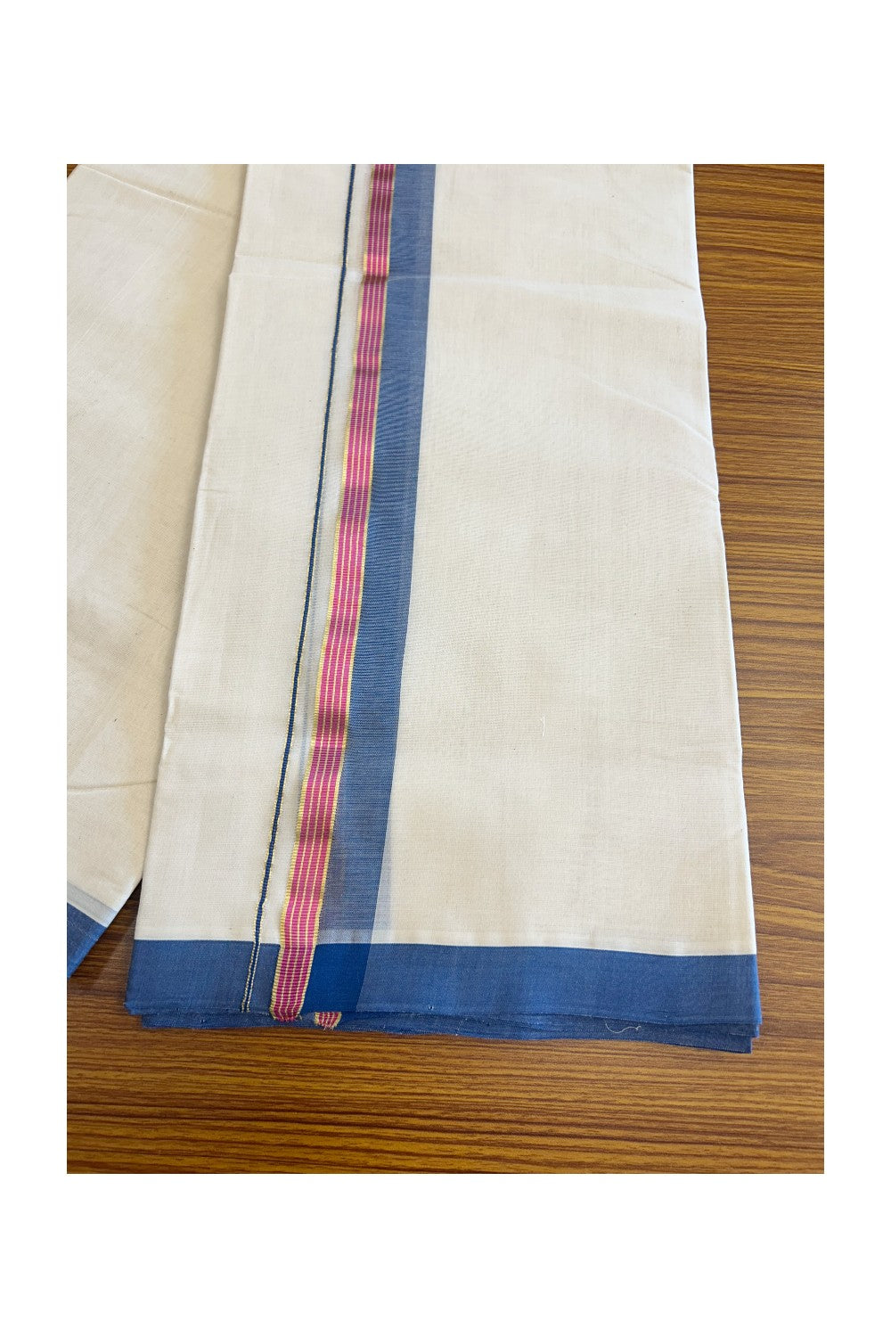 19% DISCOUNT!! KaithariKada HANDLOOM Millpaav Balaramapuram - 100% PURE Cotton OFF White Double - (Unbleached) Mundu/Dothi - 1.75 Inch Blue & Magenta Gold Kasav Striped Kara - 3KK5056RAM