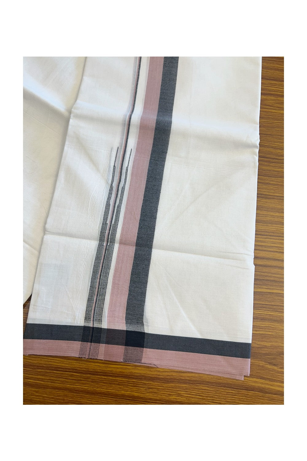 19% Discount!!! KaithariKada Balaramapuram  PURE WHITE Double Mundu/Dhoti - 80X90 - 2 inch Black & Dusty Rose  puliyilakkara striped chutty kara 3.85 meters - 3KK5058GUN