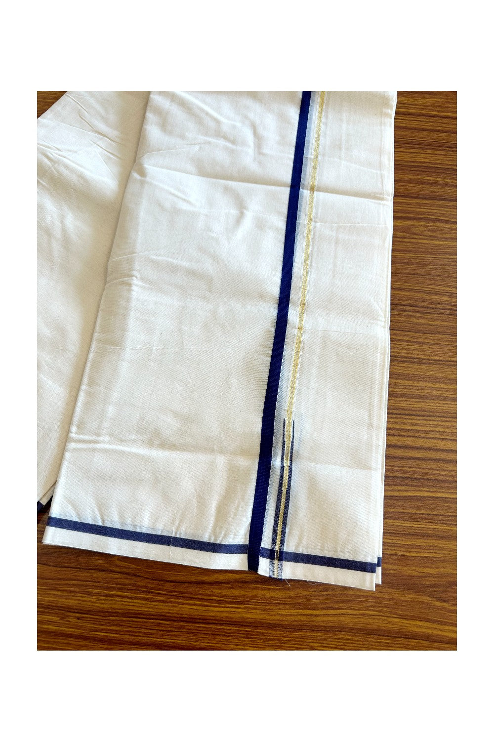 14% Discount!!! KaithariKada Balaramapuram 100% Cotton off white (Unbleached) Double Mundu/Dhoti-100x100  1.cm Navy Blue & Kasavu Chutty - 3KK5063KK