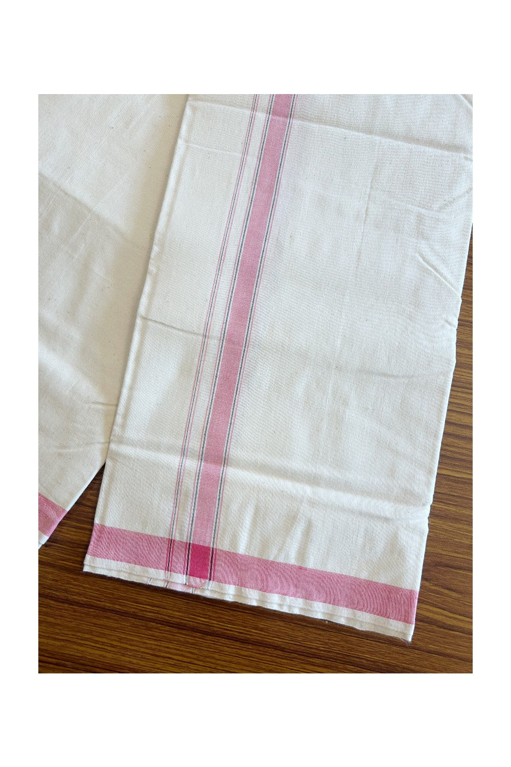 32% Discount ! KaithariKada 100% Cotton Balaramapuram HANDLOOM Single Mundu/Dhoti - Off White - (Unbleached) 1.Inch (2 meter / 4 muzham) Pink & Black Stripes- KK32KAI