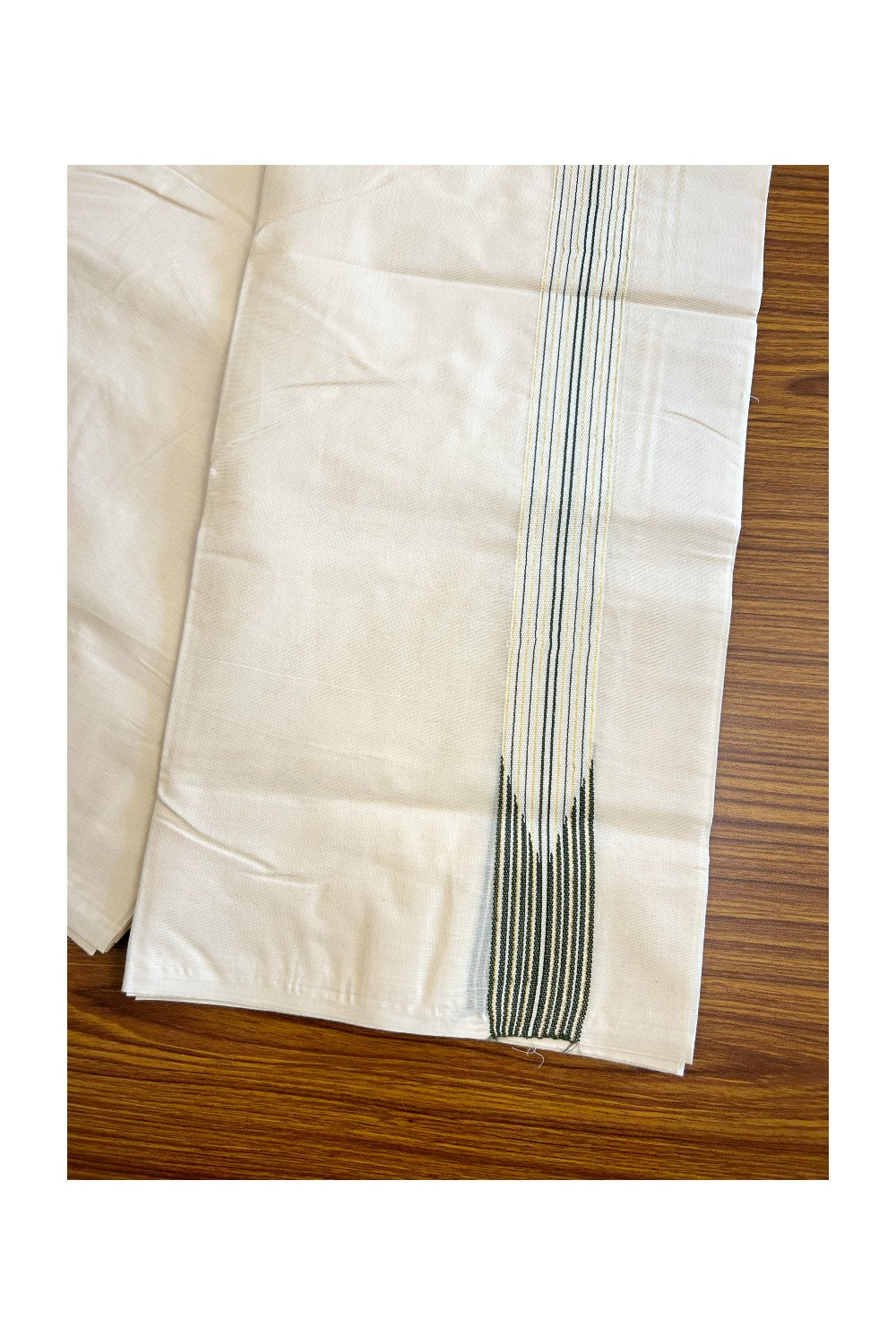 21% DISCOUNT ! KaithariKada 100% Cotton OFF WHITE Double - (Unbleached) Dhoti/Mundu- 12 Line Puliyilakkara Chutty Dark Sage Green & Kasavu Stripes - 1KK134ASH