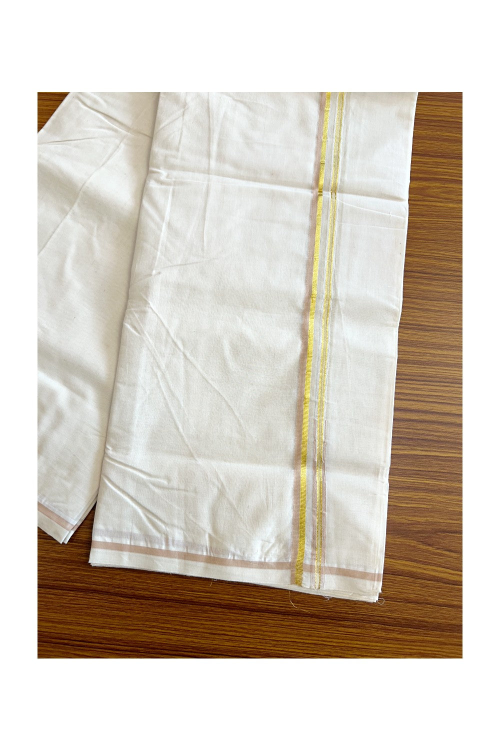 10% OFFER ! KaithariKada Balaramapuram 100% Cotton Double OFF WHITE (Unbleached) - Mundu/Dhoti-100x100 Kasavu Chutty Sand Brown & Kasavu Border- 4KK429ASH