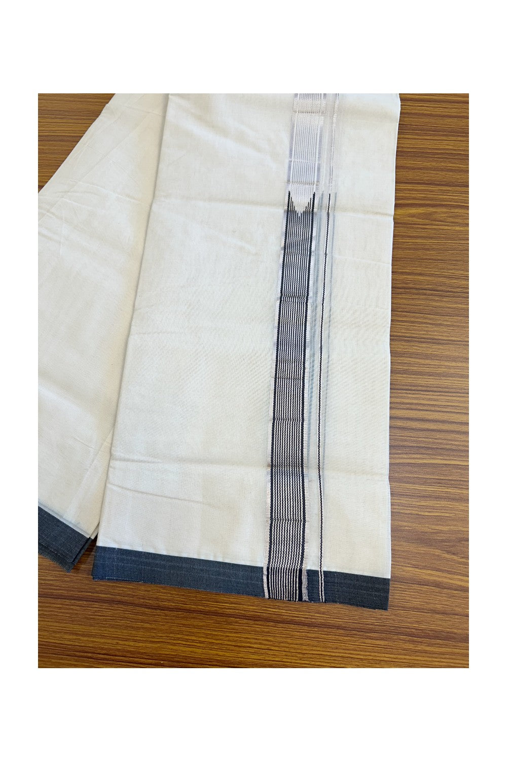 19% Discount !! KaithariKada Balaramapuram 100% Cotton Double Off White - (Unbleached) Mundu/Dhoti-100x100 1.5 inch Heavy Chutty Silver Kasavu & Black Striped kara - 7KK5055ASH