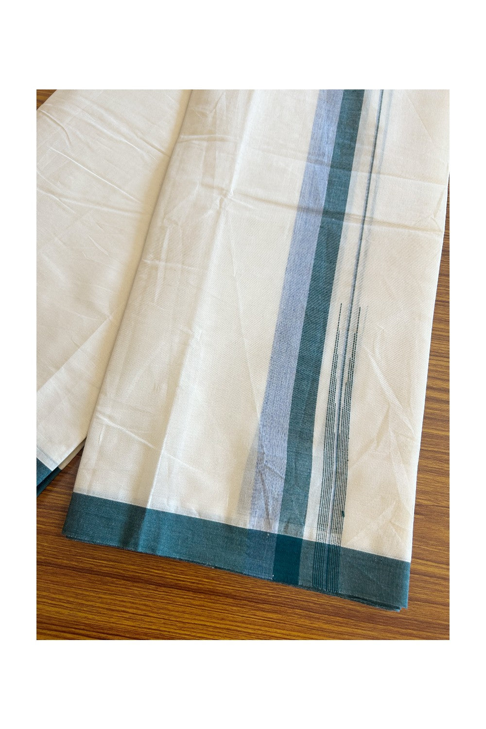 5% Discount!!! KaithariKada Balaramapuram  Double Off white - (Unbleached) Mundu/Dhoti - 80X90 - 1.75 inch Green & Blue Shaded puliyilakkara striped chutty - 3KK5077KAI