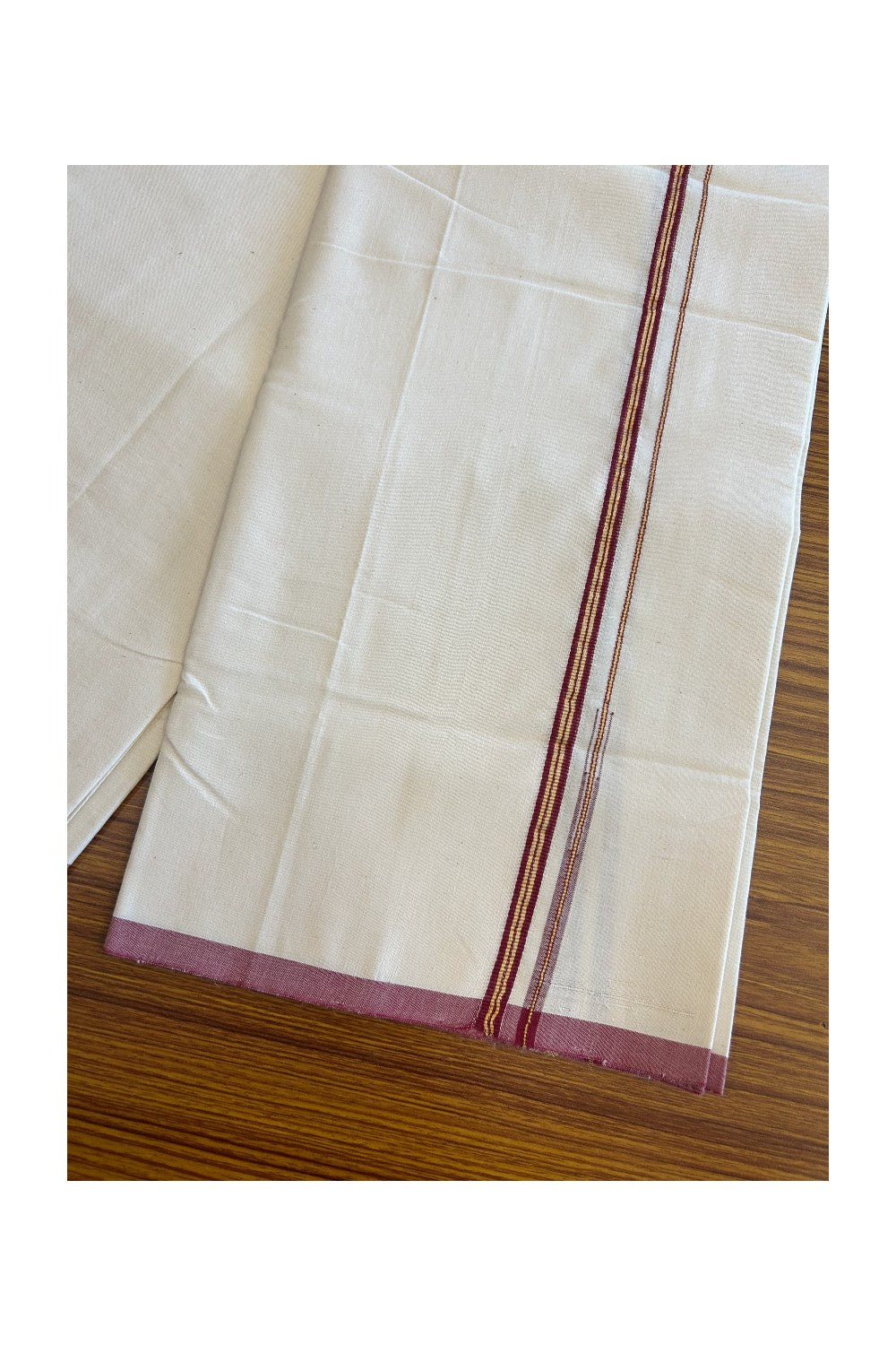 SIGNATURE KAITHARIKADA EXCLUSIVE SINGLE DHOTI - 100% Cotton Balaramapuram HANDLOOM Single Mundu/Dhoti - Off White - (Unbleached) 1 cm Maroon & KASAVU Striped Chutty Kara- 3KK5078KAI