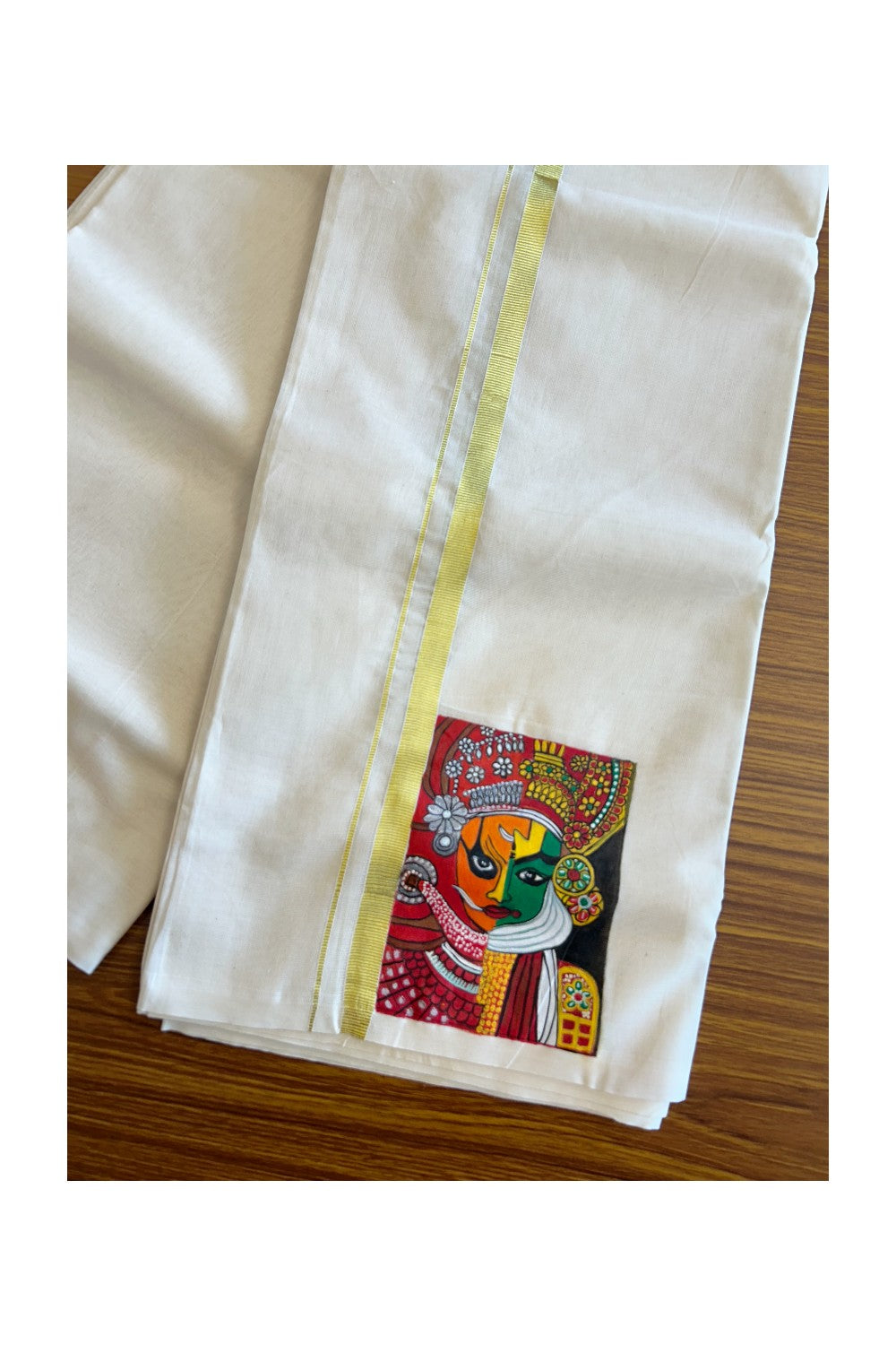 KaithariKada Balaramapuram 100% Cotton Double Off white - (Ubleached) Mundu/Dhoti-100x80 1 inch Kasavu Hand Painted Theyyam & Kadhakali Design Kara 3.70 meter- 3KK5083ASH