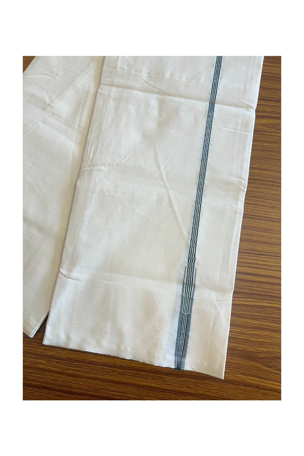 19% DISCOUNT ! KaithariKada Balaramapuram 100%  COTTON SINGLE OFF WHITE - (Unbleached) Mundu/Dhoti-100X100 - 1 cm Green & Silver Chutty  (2 metre / 4 muzham)- 3KK5018ASH