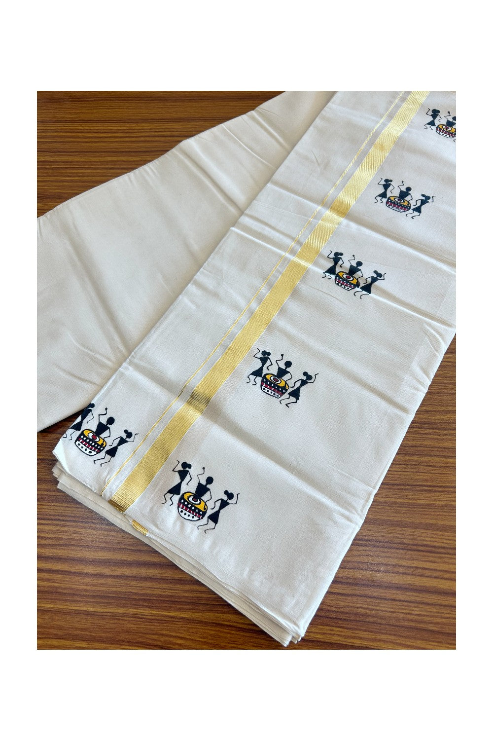 KaithariKada HANDLOOM Millpaav Balaramapuram - 100% PURE Cotton OFF White - (Unbleached) Double Mundu/Dothi - 1.25 Inch Kasavu kara Hand Painted Warli Design - 3KK5091RAM