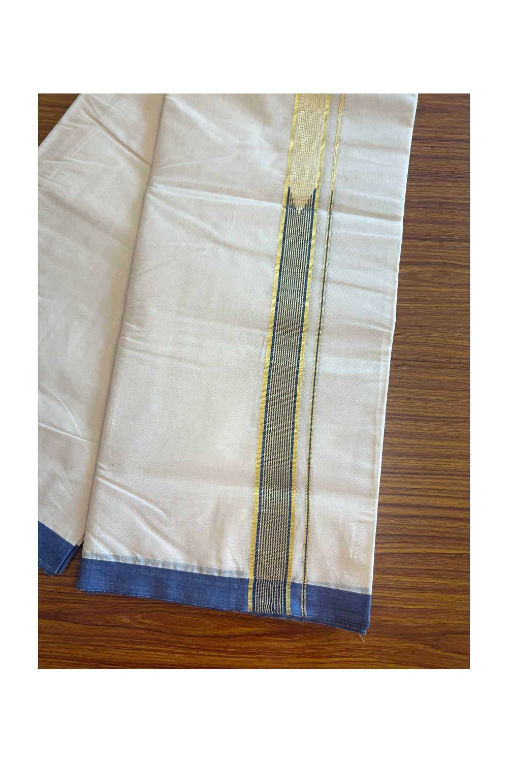 19% DISCOUNT! KaithariKada Balaramapuram 100% Cotton Double Off white - (Unbleached) Mundu/Dhoti-100x100 Chutty Heavy Designer Blue & Kasavu 1.5 inch Kara- 3KK5093ASH