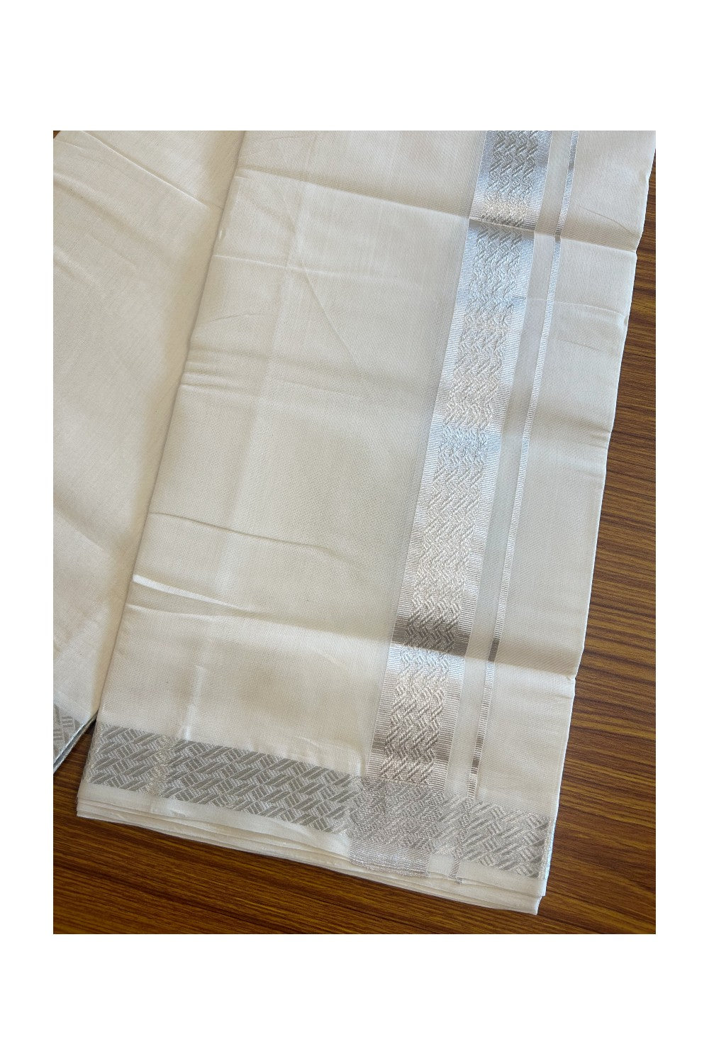 30% DISCOUNT ! KaithariKada HANDLOOM UNAKKUPAAV Balaramapuram - 100% PURE Cotton Off White - (Unbleached) Double Mundu/Dhoti - 2.25 inch Silver Kasavu Design Kara - 3KK5105RAM