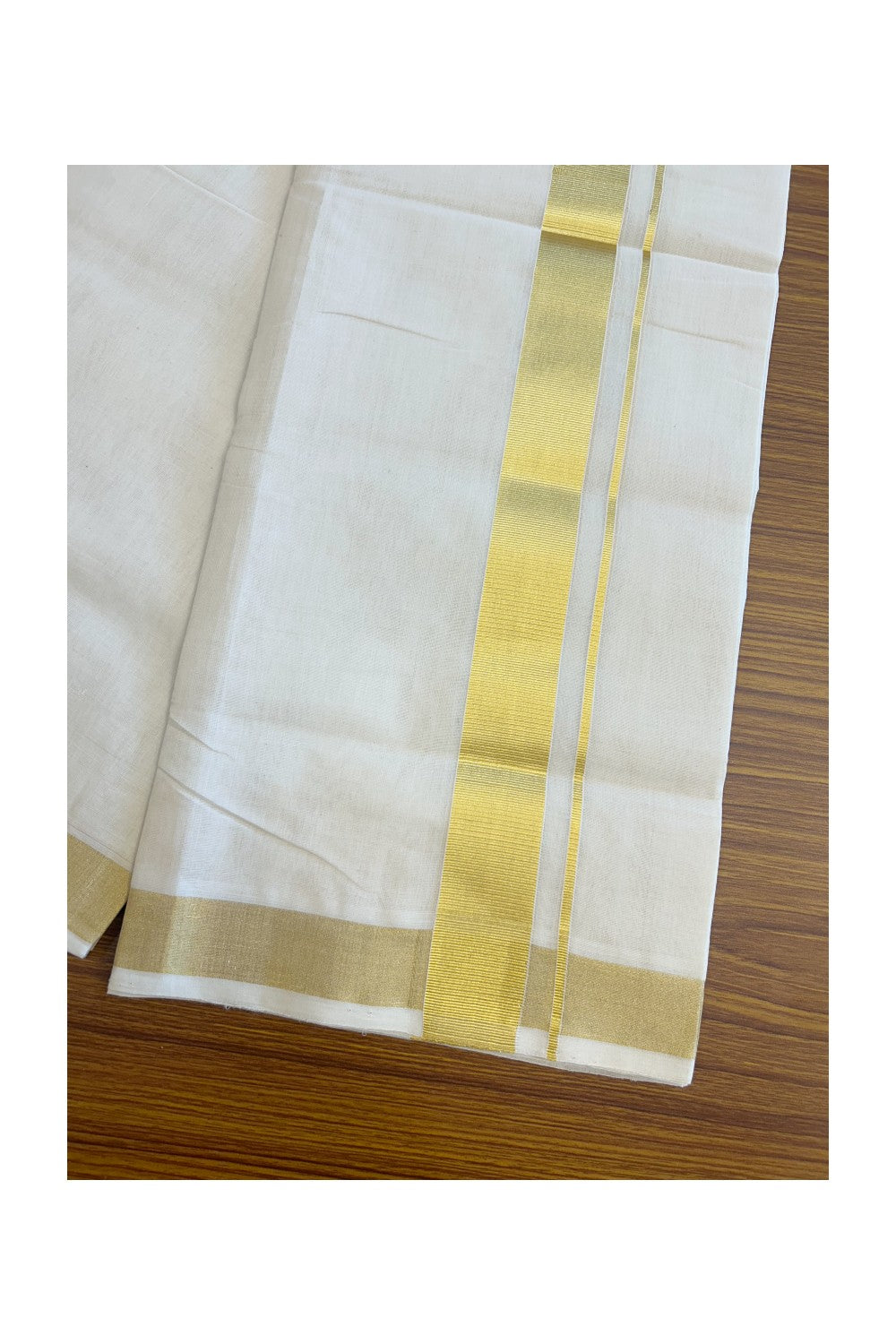 30% DISCOUNT ! KaithariKada HANDLOOM Unakkupaav Balaramapuram - 100% PURE Cotton Off White - (Unbleached) Double Mundu/Dhoti - 2.25 inch Gold Kasavu Kara - 3KK5107ABH