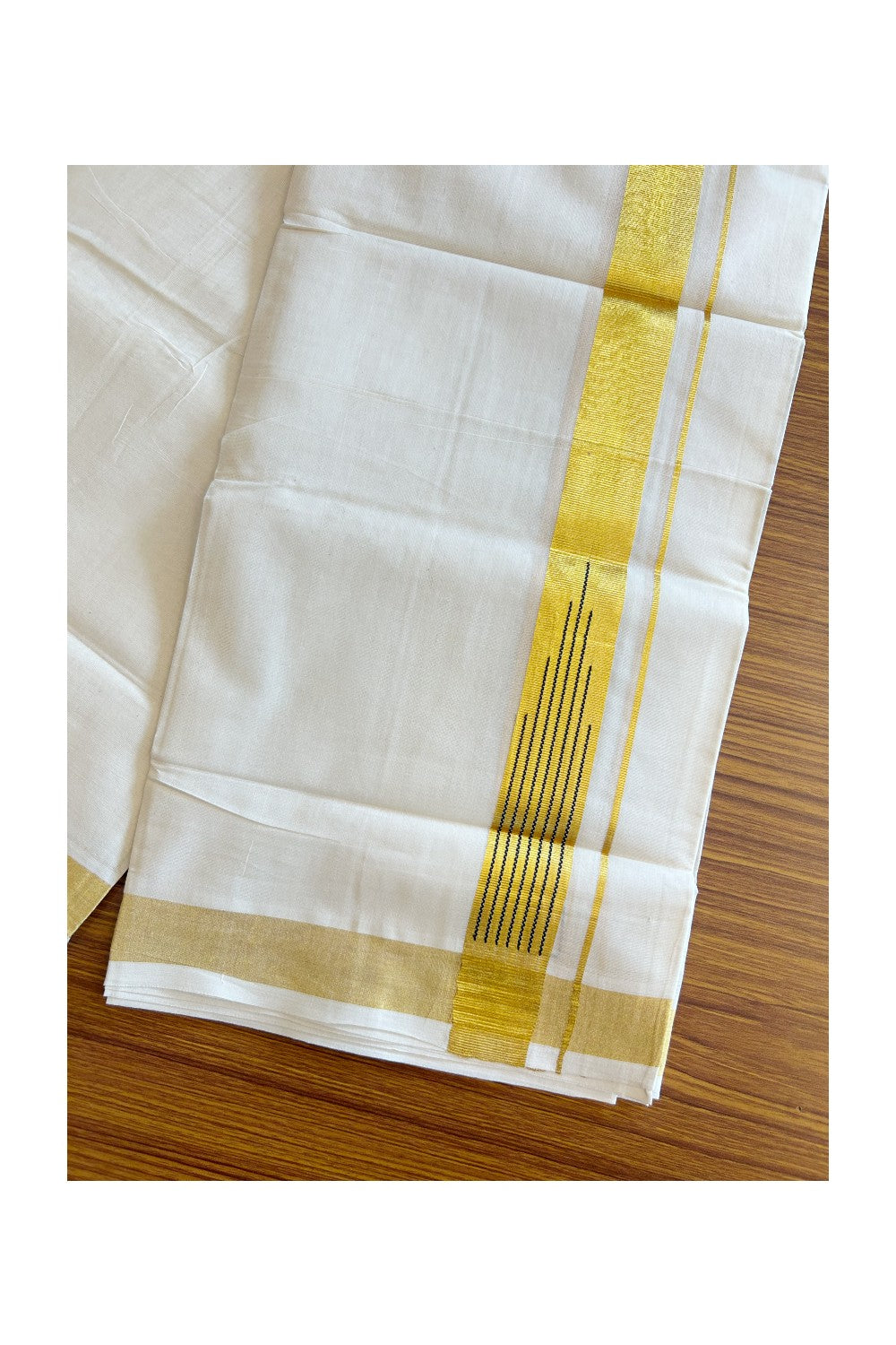 19% DISCOUNT ! KaithariKada Balaramapuram 100%  Cotton Double Off white - (Unbleached) Mundu/Dhoti-100X100 - 1.5 inch KASAVU & Black Chutty kara - 3KK5110THI