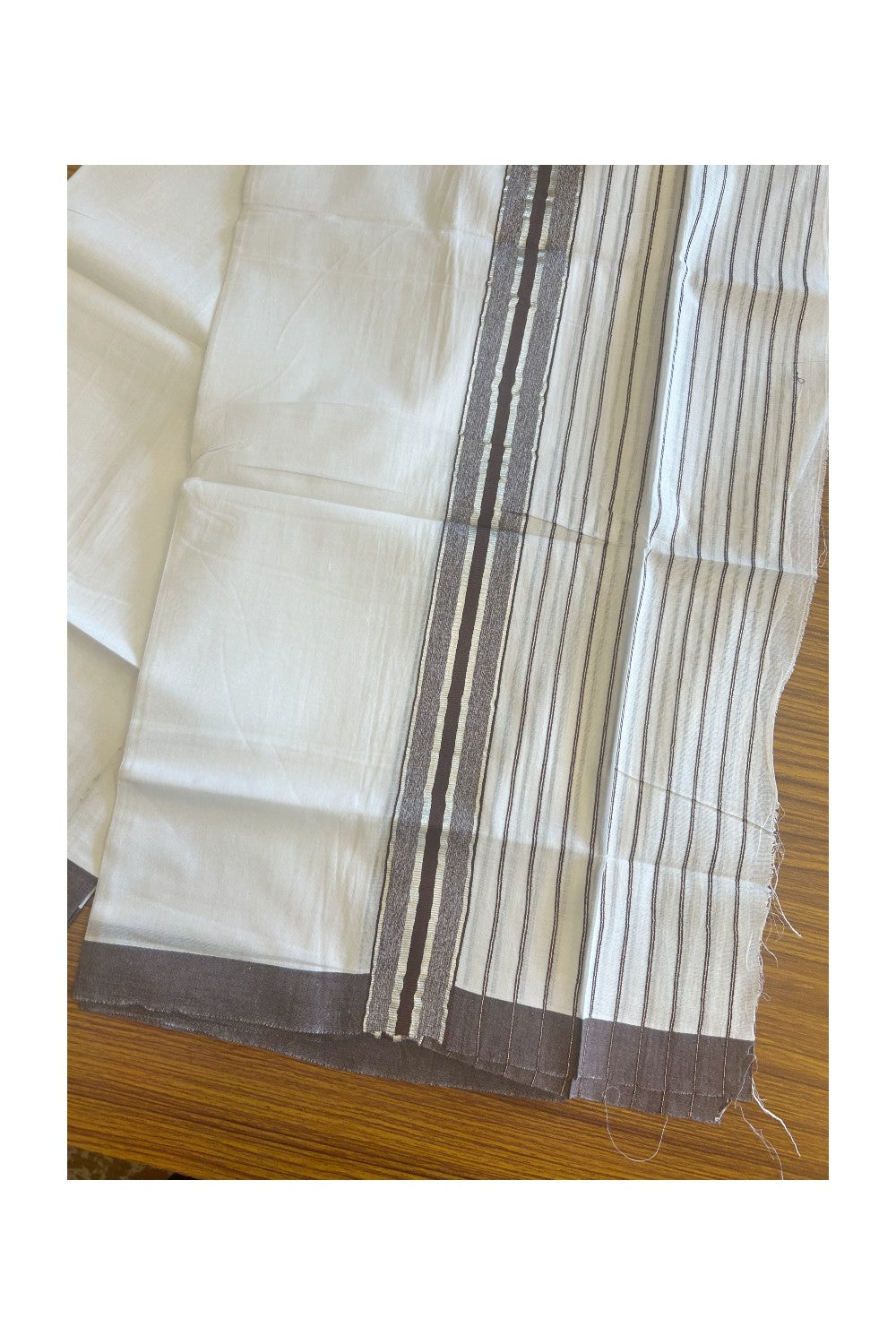 20% Discount !! KaithariKada Balaramapuram Double PURE WHITE Mundu/Dhoti- 100x80 - 7.25 inch Dark Brown & Silver Striped kara - 3.90 mtr - 3KK5112PMC