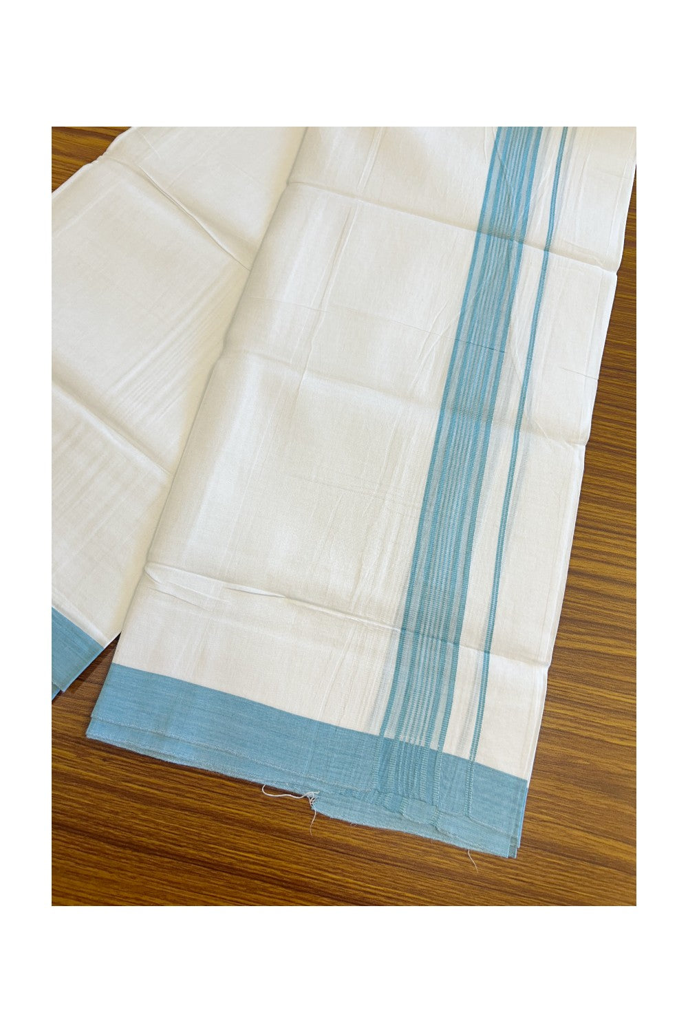 8% DISCOUNT ! KaithariKada Balaramapuram 100% Cotton Pure white Single Mundu/Dhoti - (40S) - 1.85 inch Light Turquoise Striped  Kara (2 meter / 4 muzham) - 3KK5115THI.