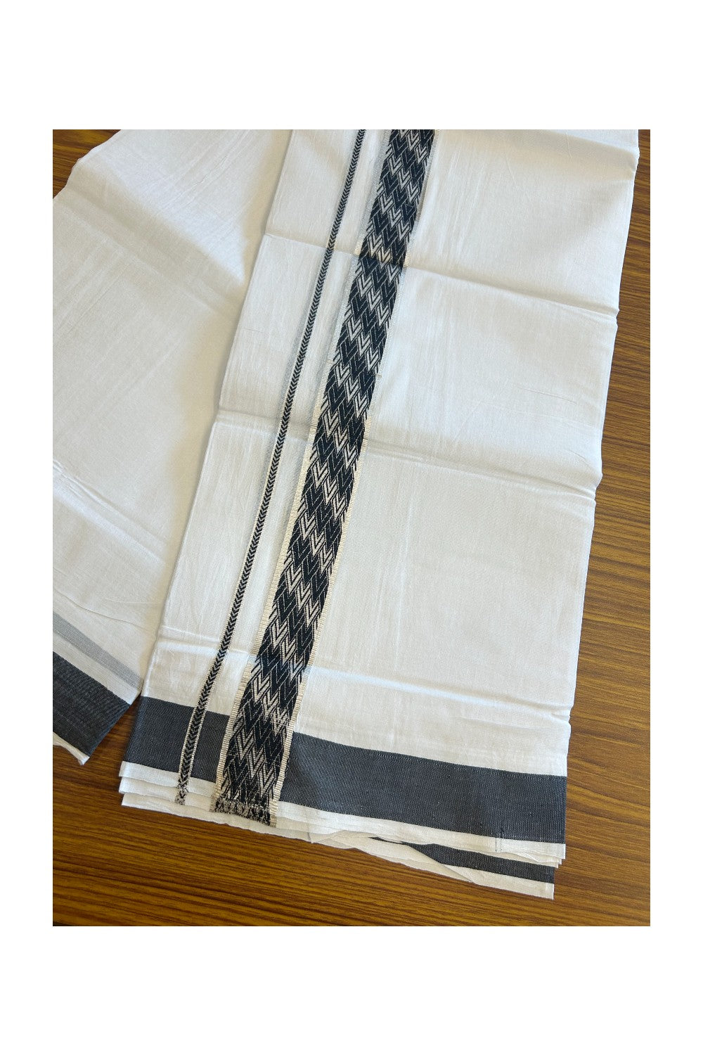 20% DISCOUNT! KaithariKada Balaramapuram 100% Cotton Double PURE white Mundu/Dhoti - 100x80 - 2 Inch Silver kasavu & Black jacquard pattern Kara - 3KK5118PMC