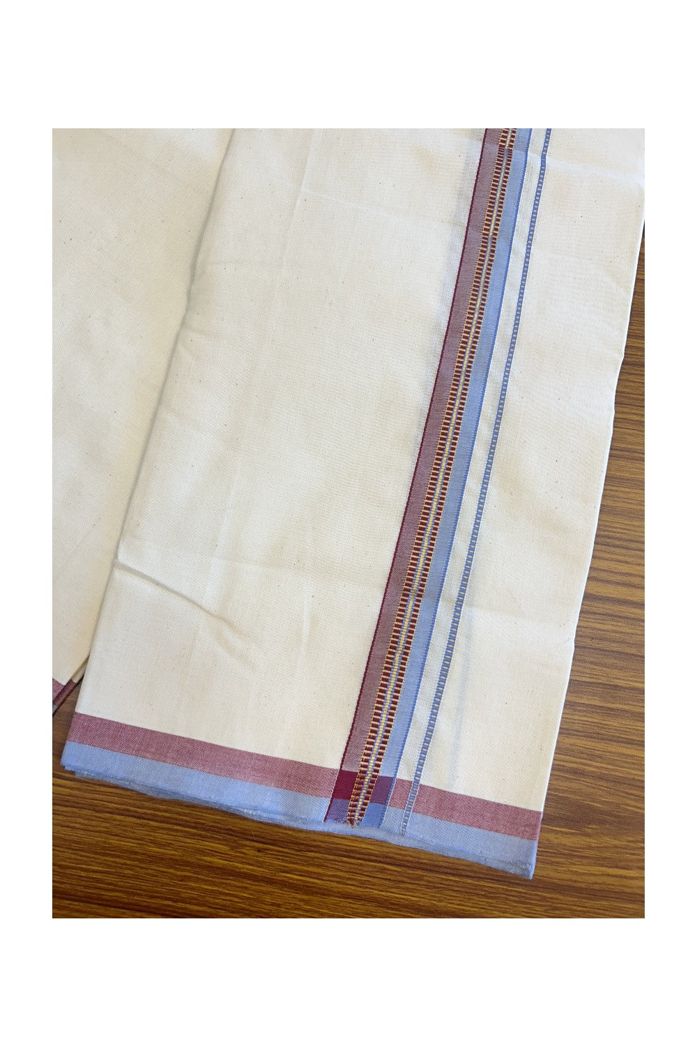 SIGNATURE KAITHARIKADA EXCLUSIVE SINGLE DHOTI - 30% Discount!!  100% Cotton Balaramapuram HANDLOOM Single Mundu/Dhoti - Off White - (Unbleached) 1 inch Lavender Blue & Maroon Kasavu Muthukuri kara  (2 meters /4 muzham) - 2KK5131KAI