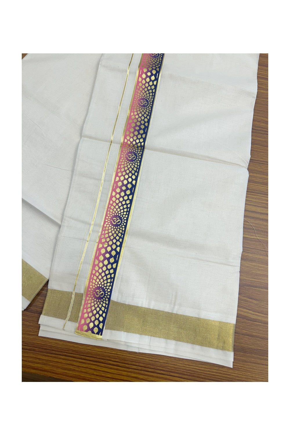 19% Discount !! KaithariKada Balaramapuram 100% Cotton Double Off white - (Unbleached) Mundu/Dhoti-100X80- 1.5 inch Hand Painted Kasavu Pink & Violet OHM Design Kara- 3KK5135GAN