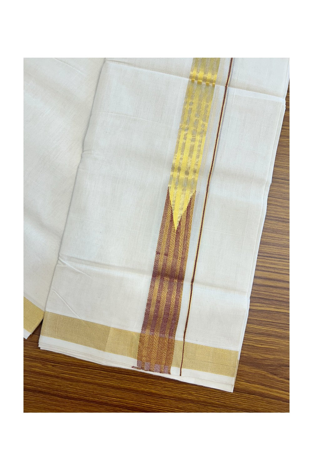 33% DISCOUNT ! KaithariKada HANDLOOM Unakkupaav Balaramapuram - 100% PURE Cotton Off White - (Unbleached) Double Mundu/Dhoti - 100x100 - 1.5 Inch Maroon & Gold Kasavu Striped Chutty Kara - 3KK5141ABH