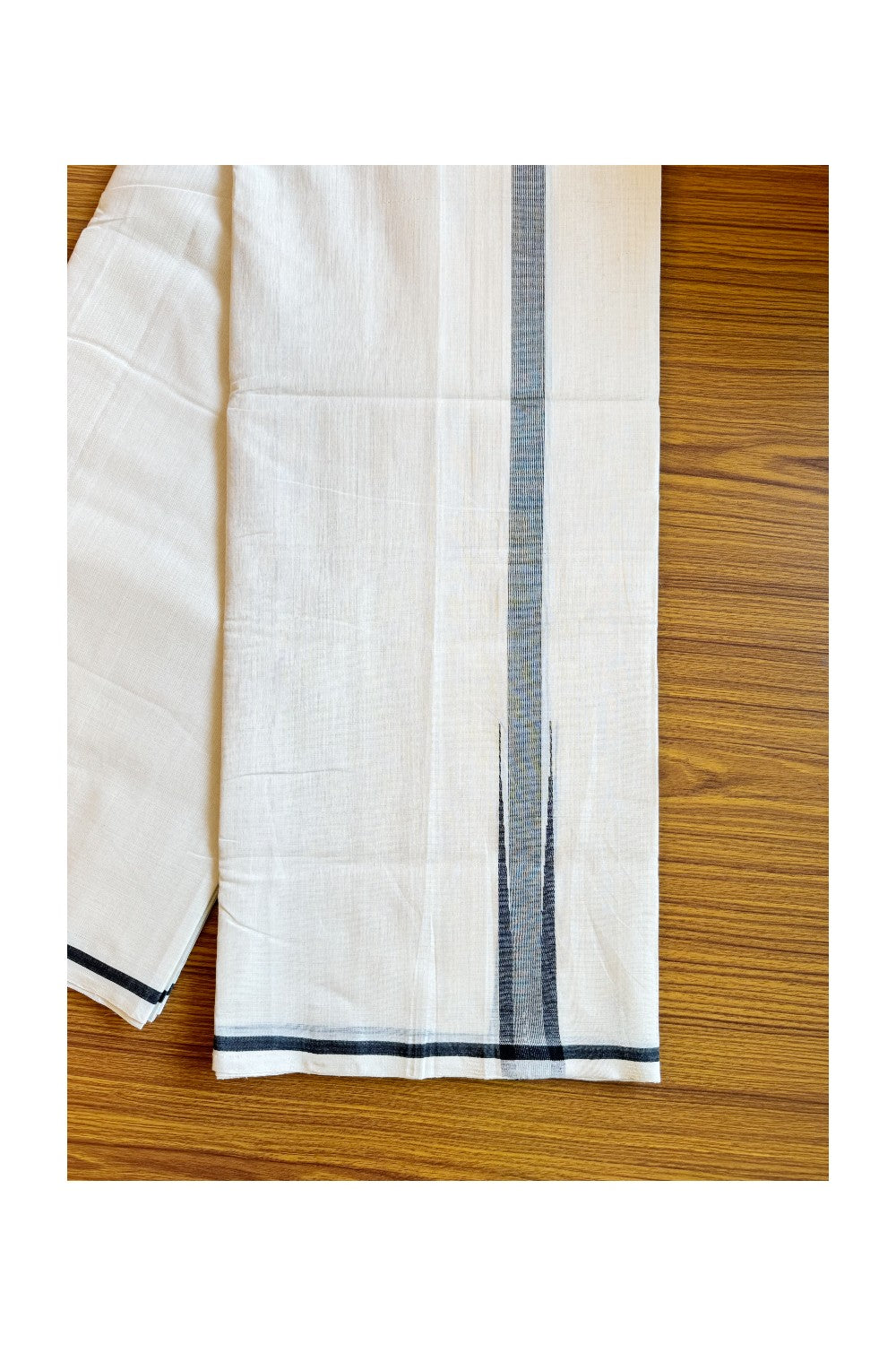 20% DISCOUNT!! KaithariKada HANDLOOM Unakkupaav Balaramapuram - 100% PURE Cotton OFF White (Unbleached) Double Mundu/Dothi - Silver Kasavu Black Stripes Chutty Puliyilakkara-3KK59RAM