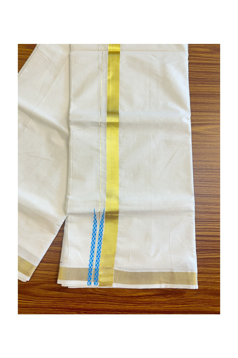 15% Discount !! KaithariKada Balaramapuram 100% Cotton Double Off white Mundu/Dhoti-80X72-  KASAVU & BLUE CHUTTY PATTERN Kara- 3KK85CEE