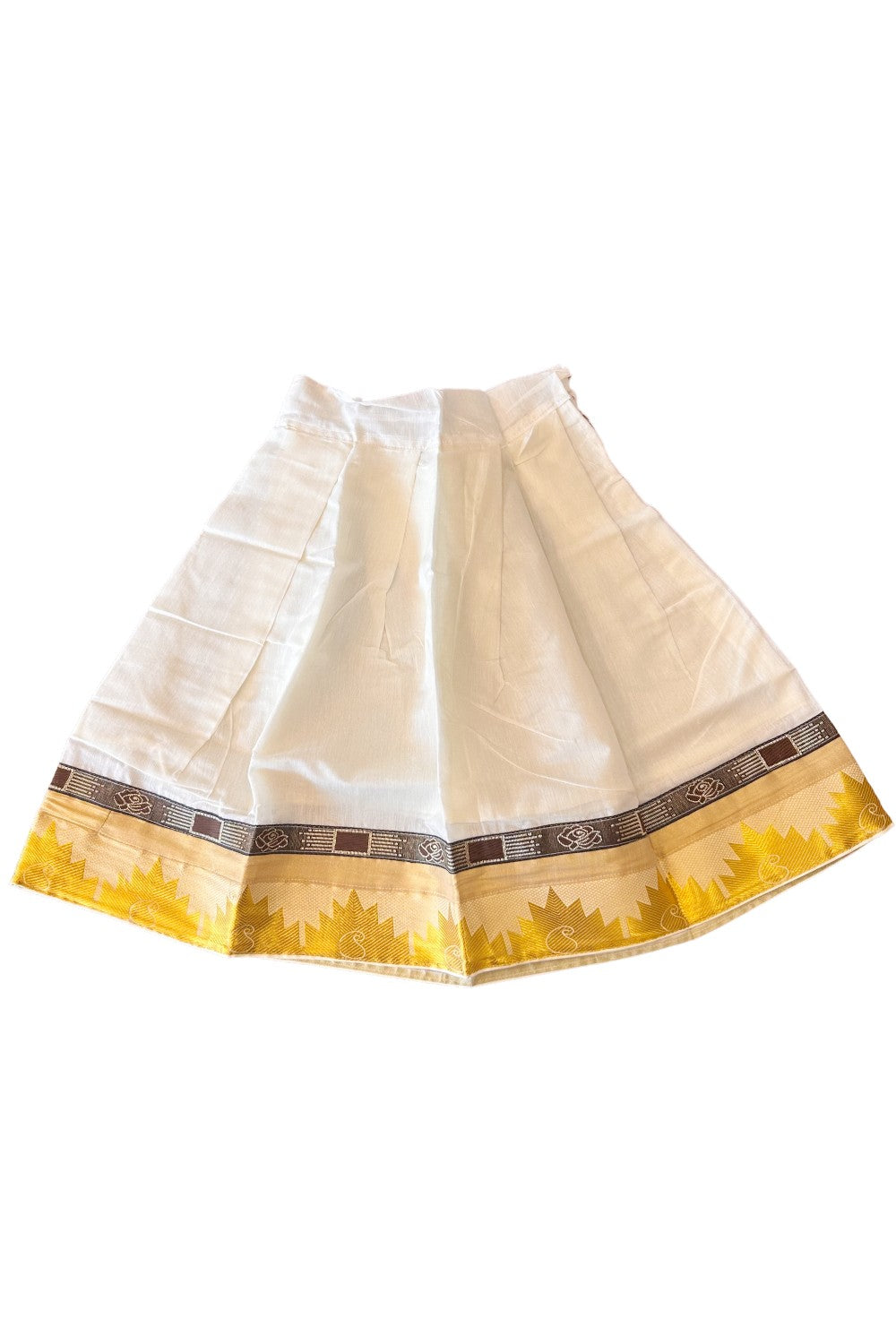 Midukki-Traditional South Indian Kids Pattu Pavada- Offwhite check top offwhite skirt with kasavu- Age 4 - KK4MID003