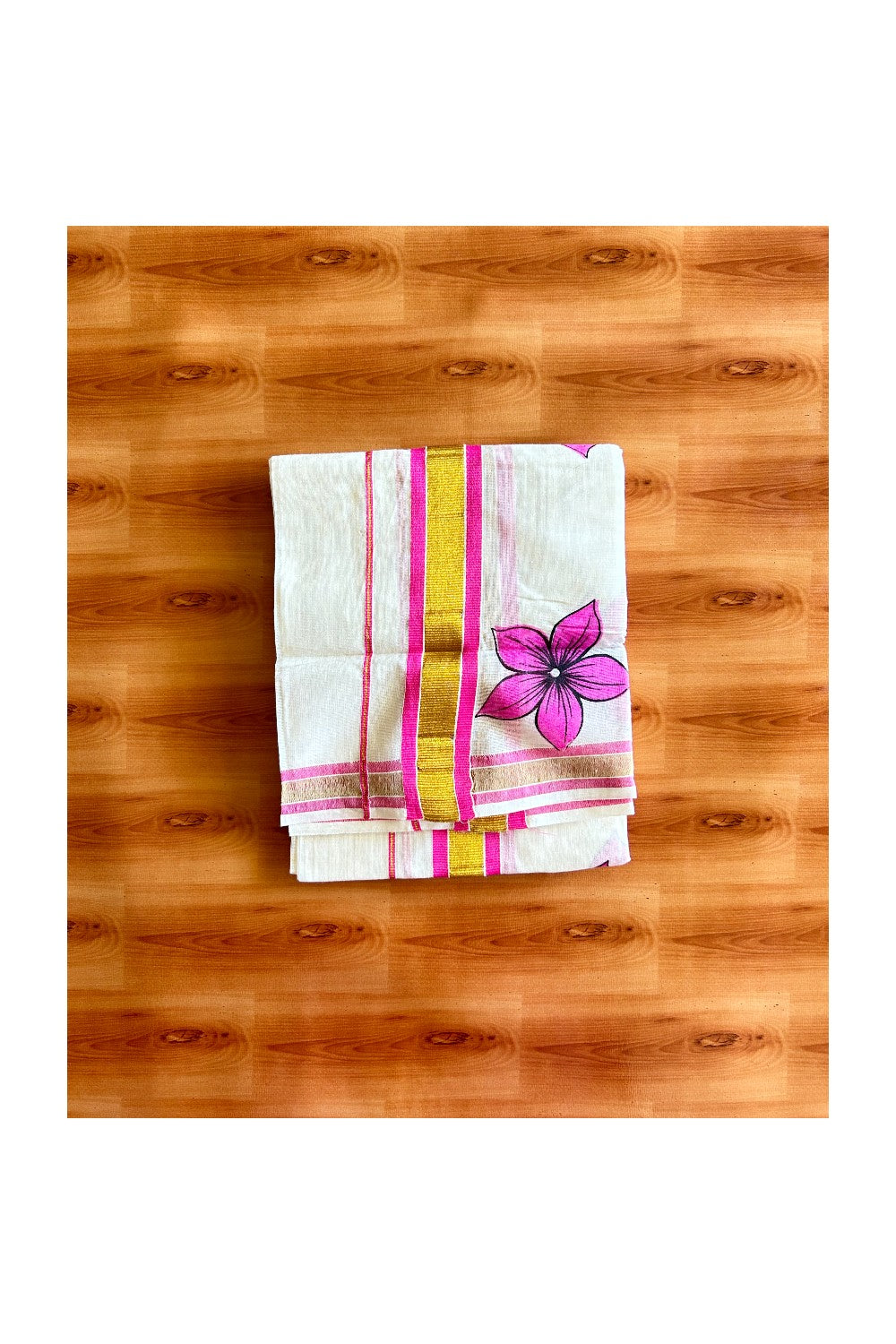 22% Discount!! KaithariKada - Kerala Cotton Single Set Mundu - Kasavu Kara with Pink Flower Design - 3KK495VIN