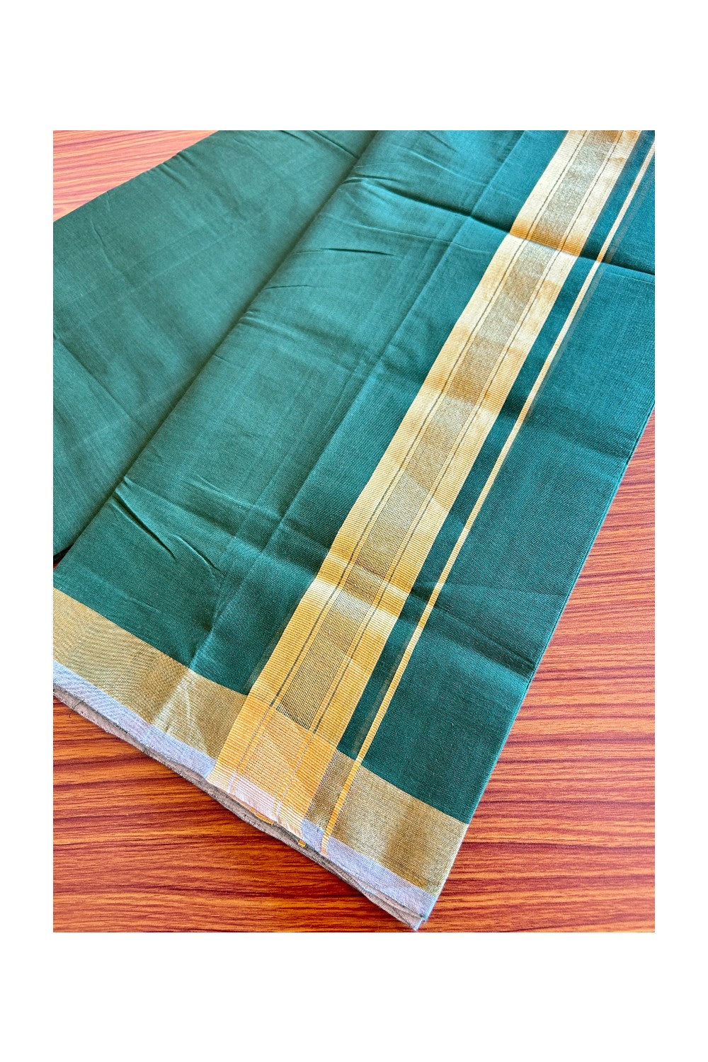 36% Discount! KaithariKada Handloom Unakkupaav Balaramapuram - 100% Cotton Double Mundu/Dhoti - Forest Green colour Body & 2.5 Inch kasavu striped kara - 3KK5121ABH