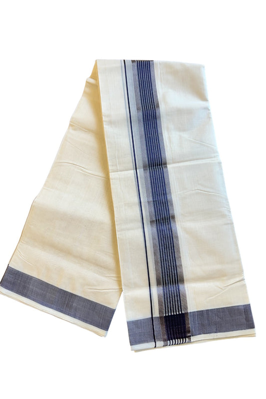 21% DISCOUNT!! KaithariKada HANDLOOM millpaav Balaramapuram - 100% PURE Cotton OFF White Double Mundu/Dothi - 2.75 inch Blue & Striped kara - 30KK203RAM