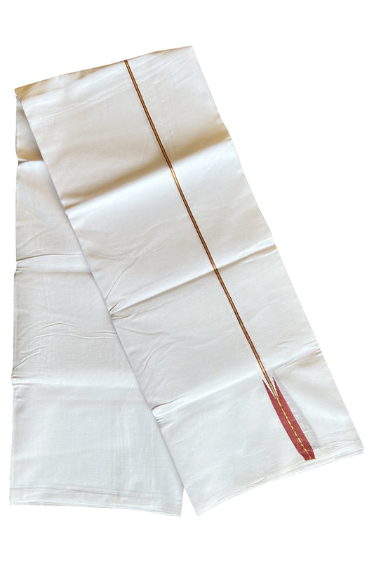 19% DISCOUNT!! KaithariKada Balaramapuram 100% Cotton PURE WHITE Double Mundu/Dhoti-100x100  1.5 cm Puliyilakkara  kasavu  & Dark brick red chutty - 30KK412ASH