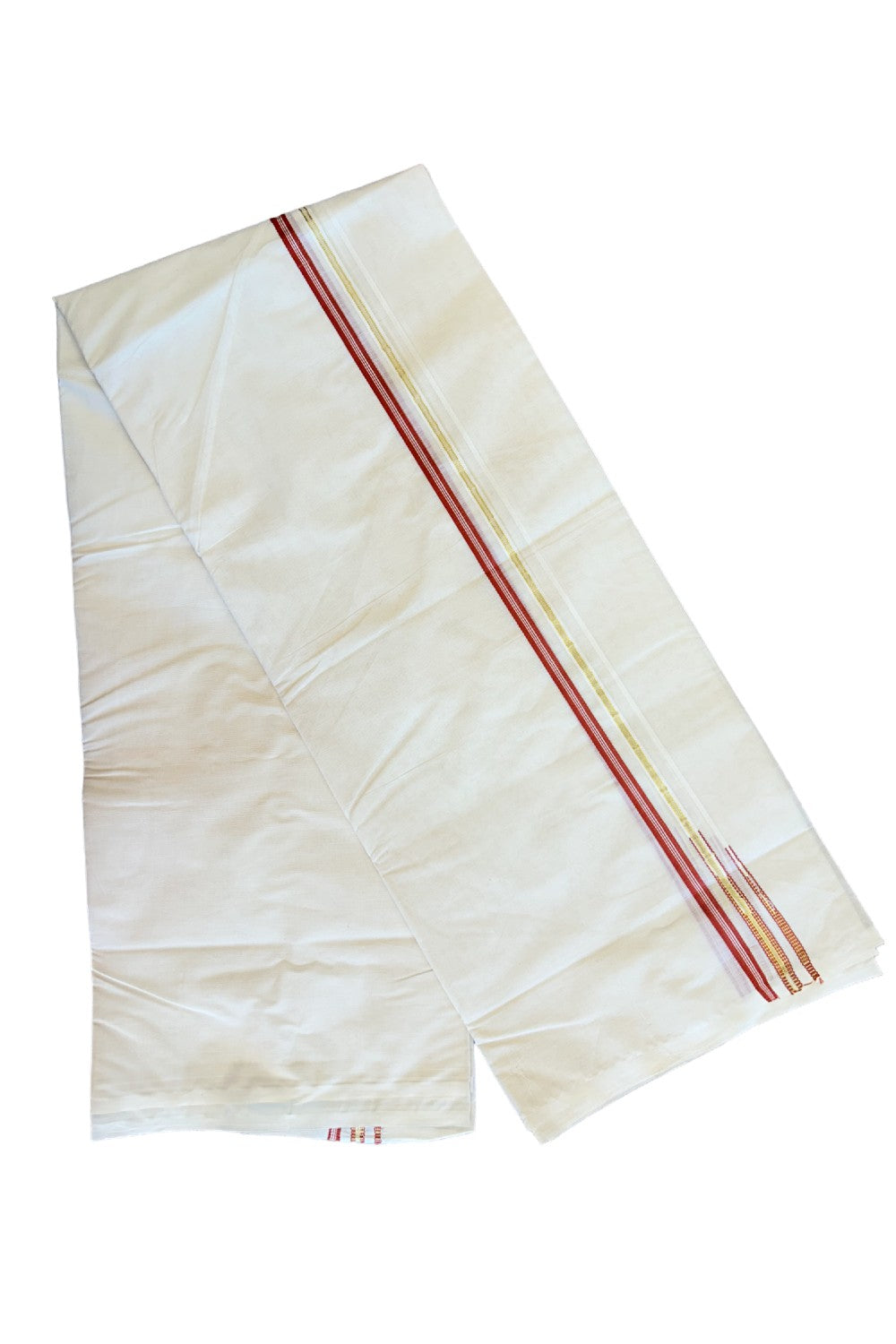 22% Discount Latest!! KaithariKada Balaramapuram 100% Cotton Off white (Unbleached) Double  Mundu/Dhoti-100x100 1.cm  Puliyilakkara Brick Red Striped kara & Kasavu Double Chutty - Above 4 meters - 30KK455ASH