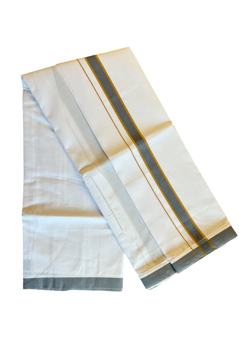 KaithariKada Balaramapuram COTTON SINGLE PURE WHITE VELCRO Mundu/Dhoti - 1.75inch Ash Gray &  Kasavu kara - 30KK485SRI