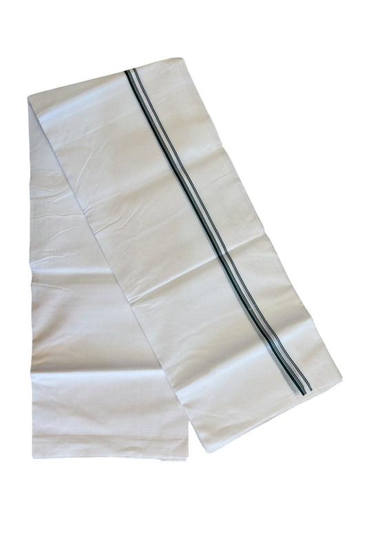 26% DISCOUNT ! KaithariKada Balaramapuram 100% Cotton Double Pure white Mundu/Dhoti-100X100 - Dark Green & Stripes 2cm Kara. - 33KK487KK