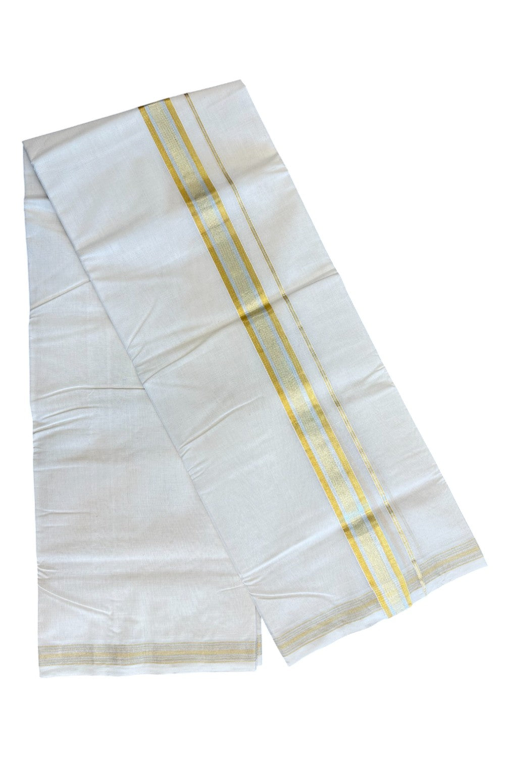 8% DISCOUNT ! KaithariKada HANDLOOM Millpaav Balaramapuram - 100% PURE Cotton Off White Double - (Unbleached) Mundu/Dhoti - 2.45 inch Gold Kasavu & Silver stripes Kara- 30KK5029RAM